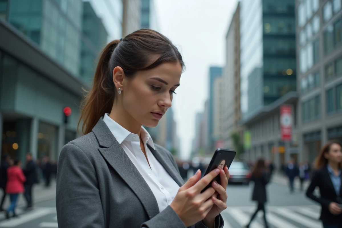 Femme en ville découvrant une alerte deepfake sur son smartphone illustrant les menaces de l'intelligence artificielle au quotidien
