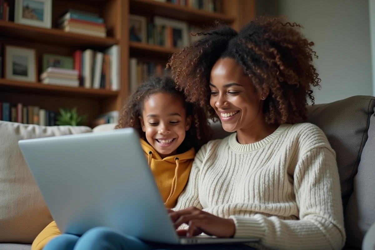 Mère et fille adolescente regardant ensemble un ordinateur portable pour planifier des projets familiaux depuis le canapé
