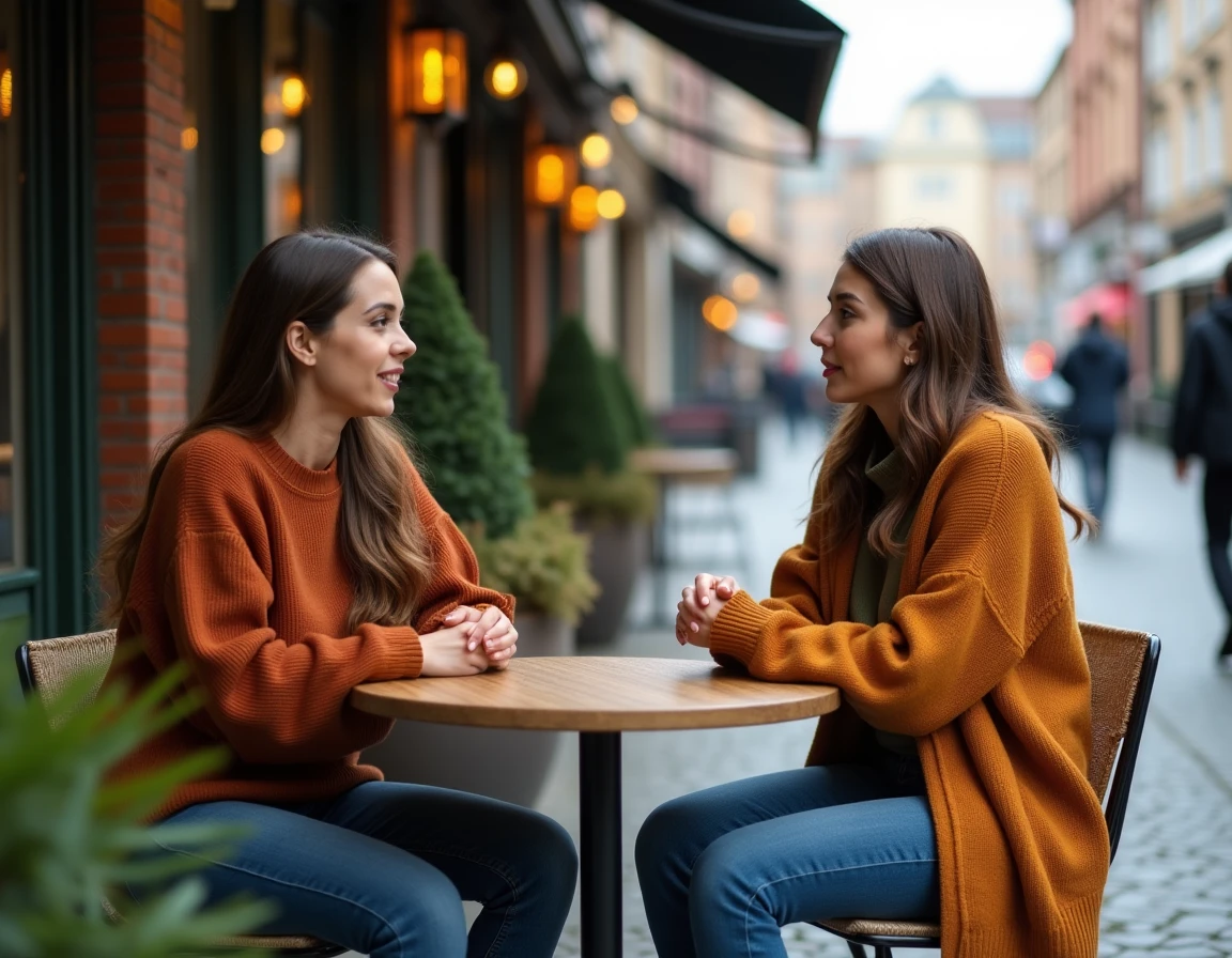 Deux femmes échangeant de manière intuitive autour d'une table de café en terrasse dans une atmosphère bienveillante