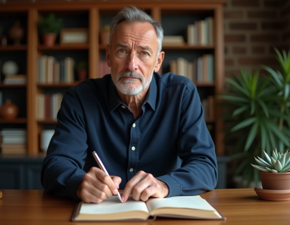 Homme réfléchissant de manière intuitive devant son journal ouvert dans un bureau chaleureux à domicile