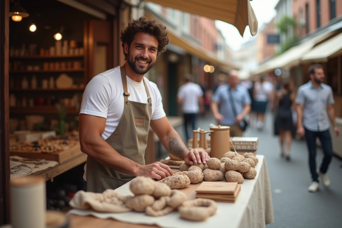Homme gérant un stand de marché en plein air avec une micro-entreprise artisanale sans investissement initial
