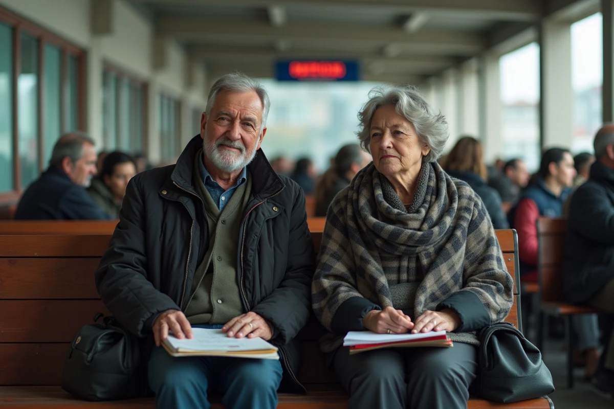 Couple de migrants adultes dans un centre d'accueil temporaire tenant des documents, contexte de migration internationale
