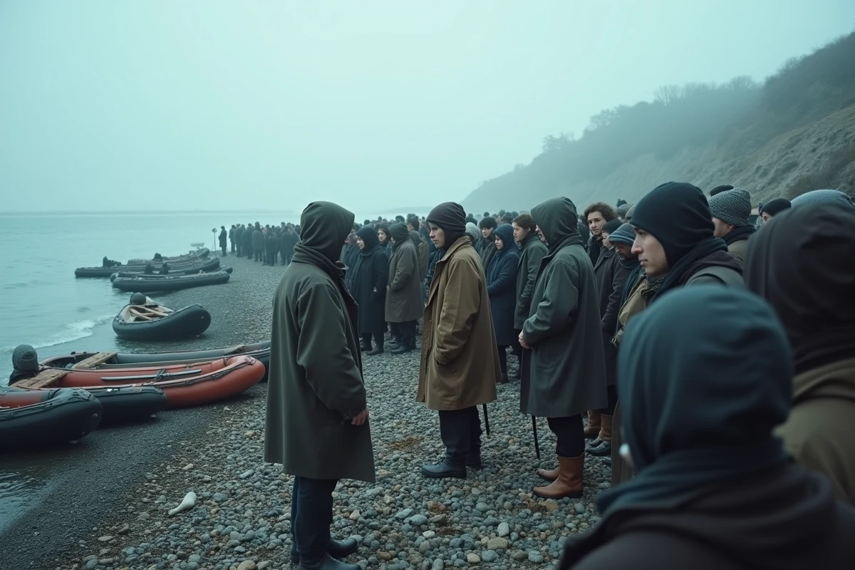 Vue panoramique de migrants adultes rassemblés sur une plage côtière près de bateaux, illustrant les traversées migratoires