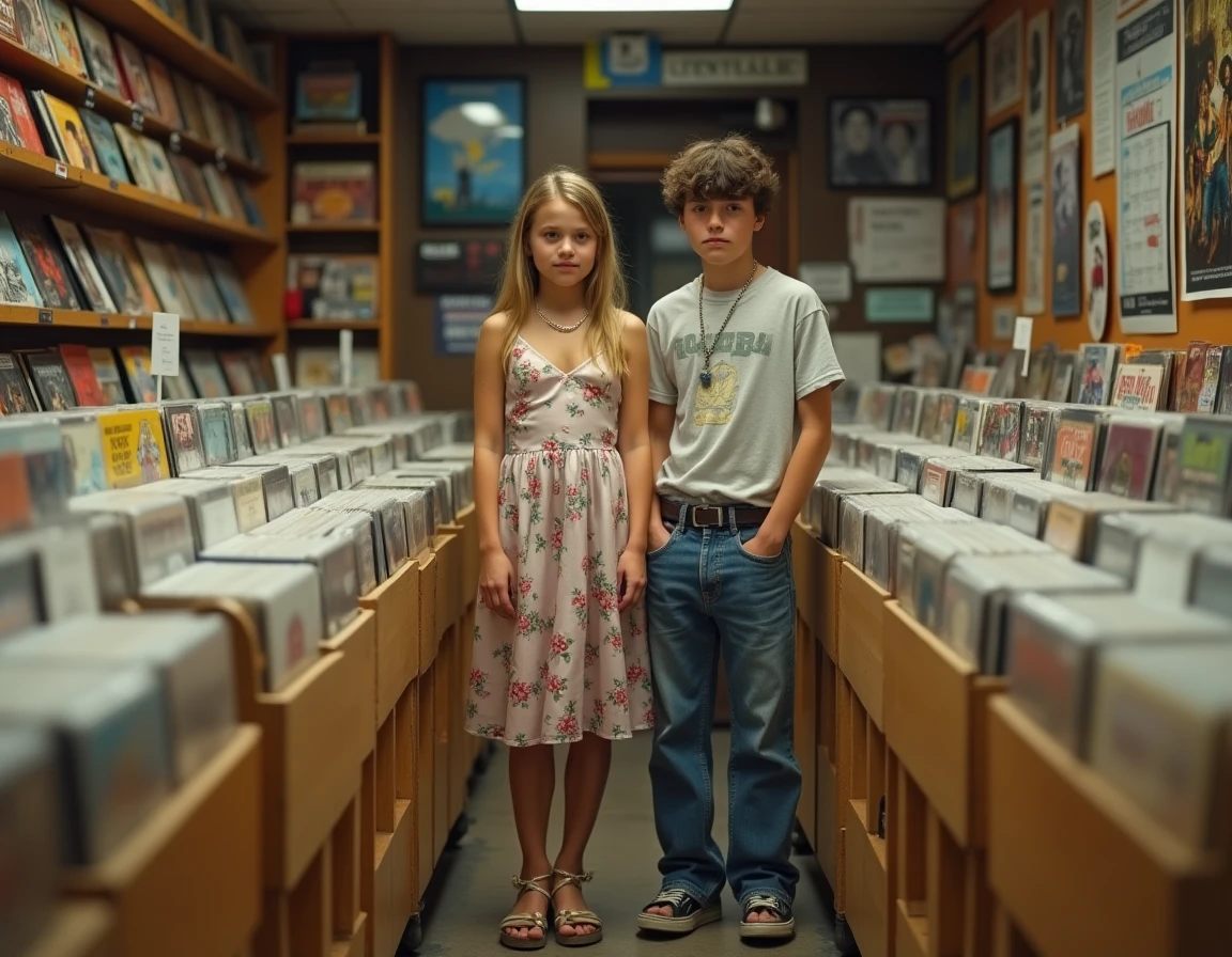Deux adolescents en mode années 1994, robe slip et jeans baggy, feuilletant des vinyles dans un magasin de musique indépendant