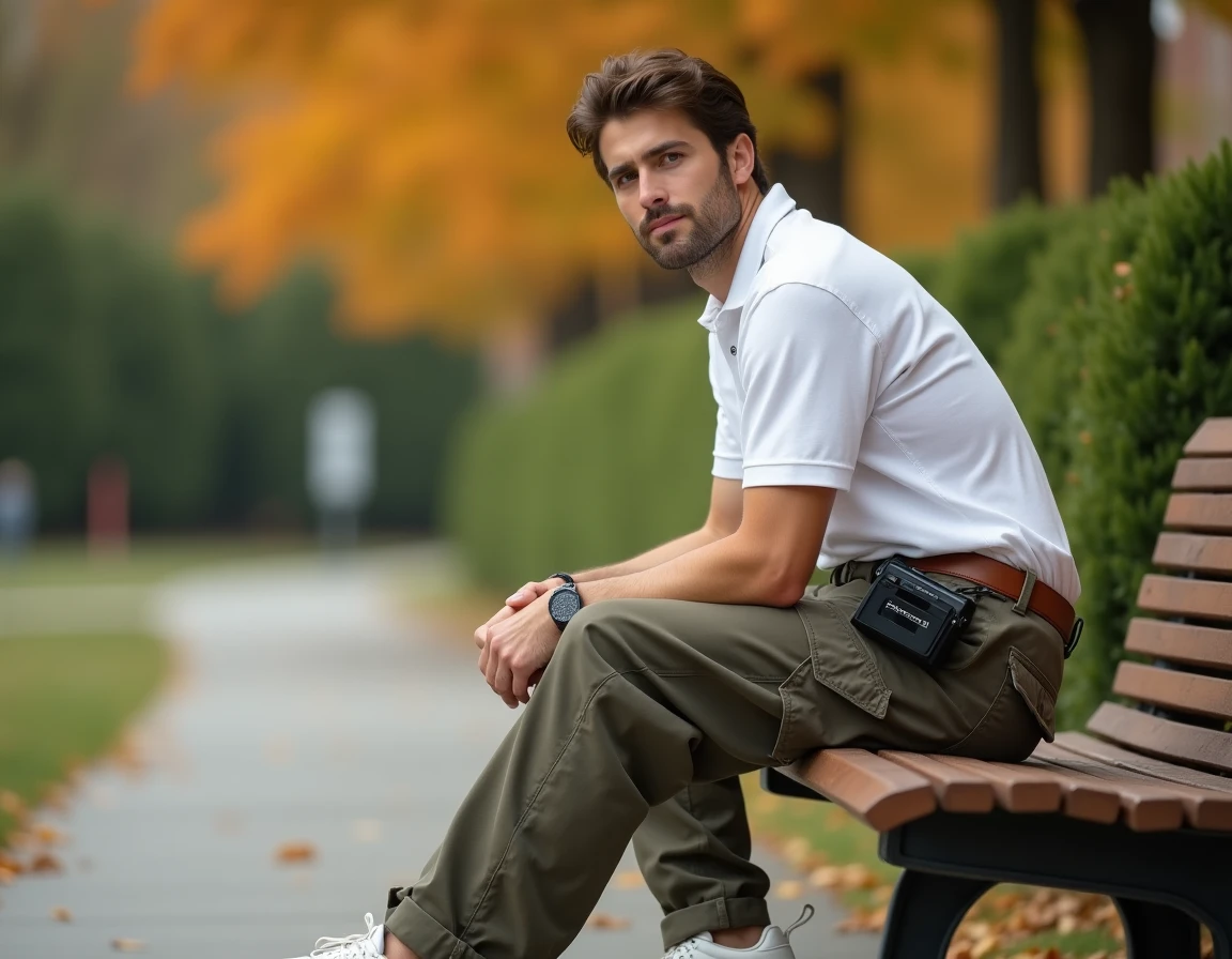 Homme en tenue décontractée années 1994 avec cargo kaki, polo blanc et sneakers blanches assis dans un parc en automne