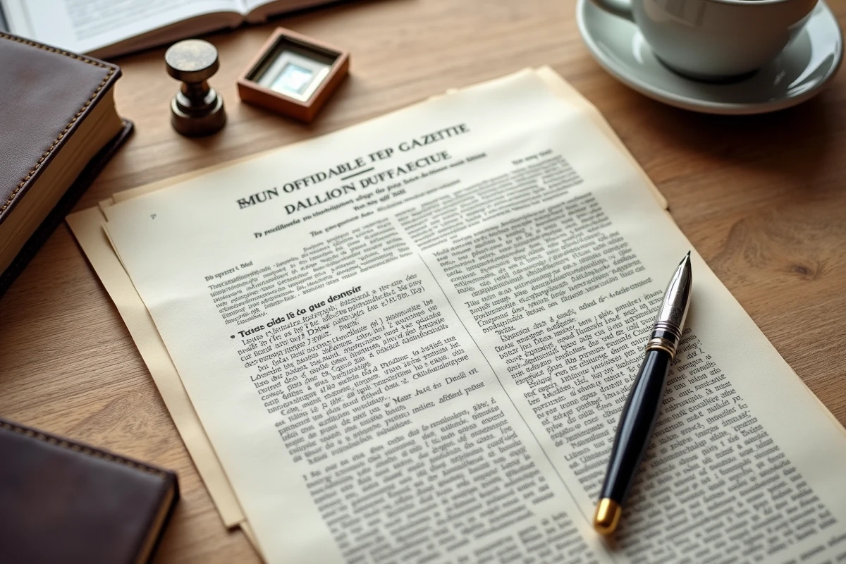 Vue aérienne d'un Journal Officiel avec modèle de mentions légales pour association et stylo plume sur bureau en bois