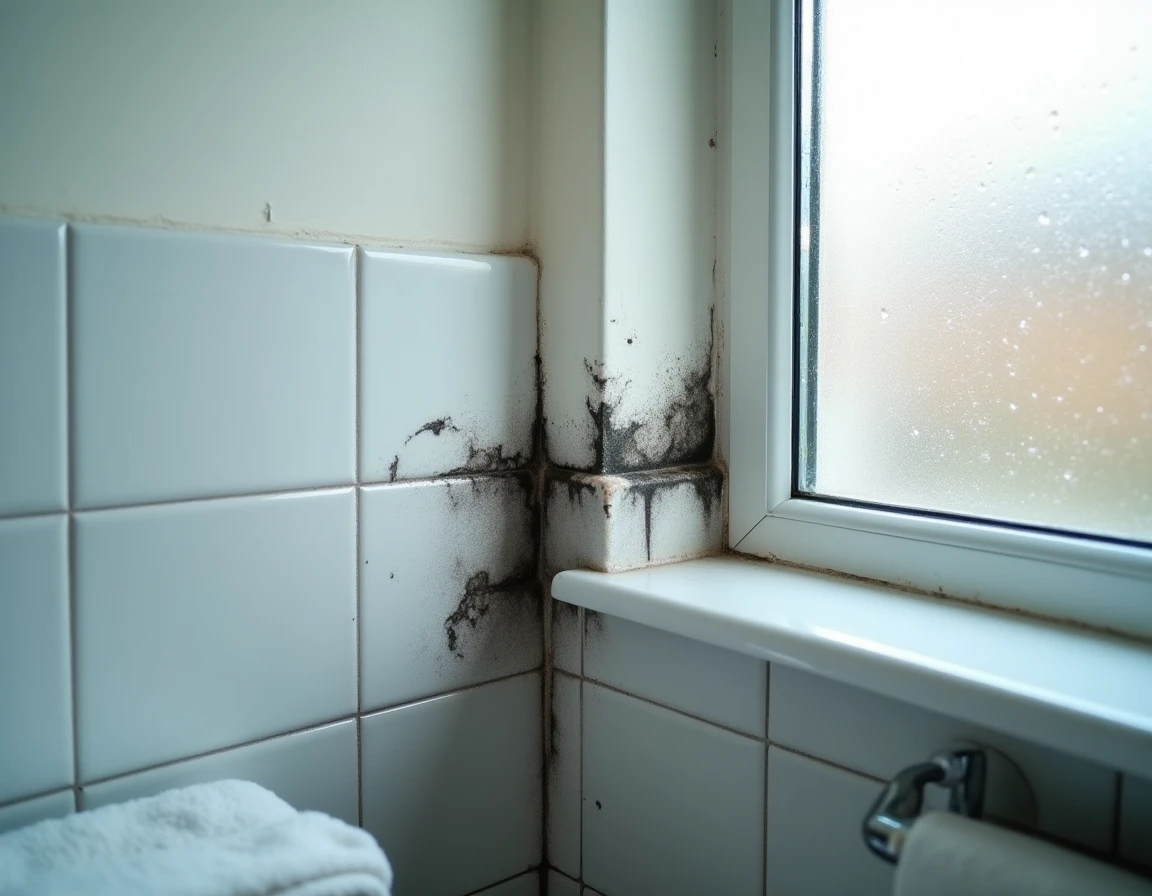 Taches de moisissures noires sur un mur de salle de bain près d'une fenêtre avec condensation, causées par une température insuffisante