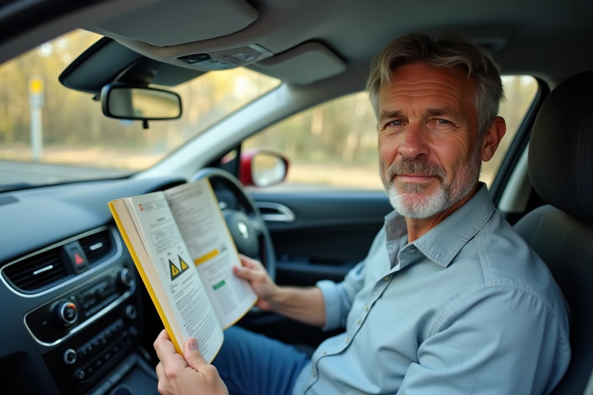 Moniteur d'auto-école consultant le code de la route avec schéma explicatif d'une zone jaune