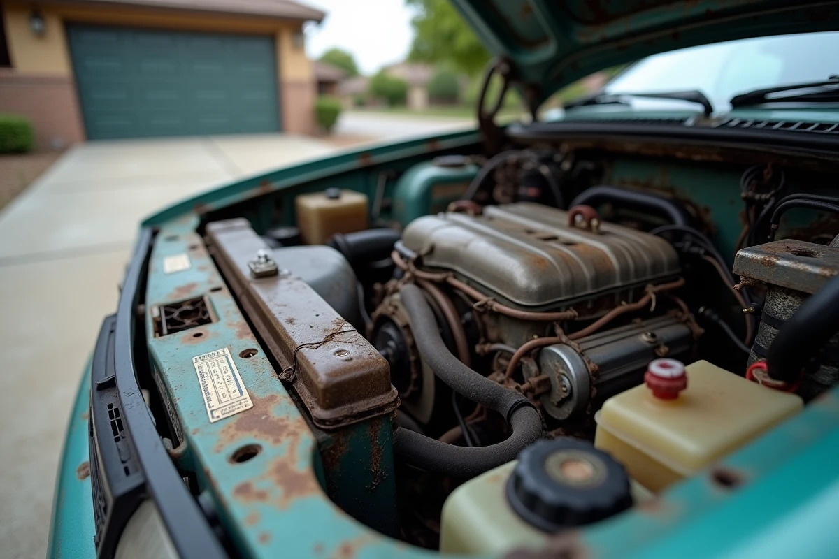 Moteur de voiture d'occasion en mauvais état avec corrosion et usure visible sous le capot