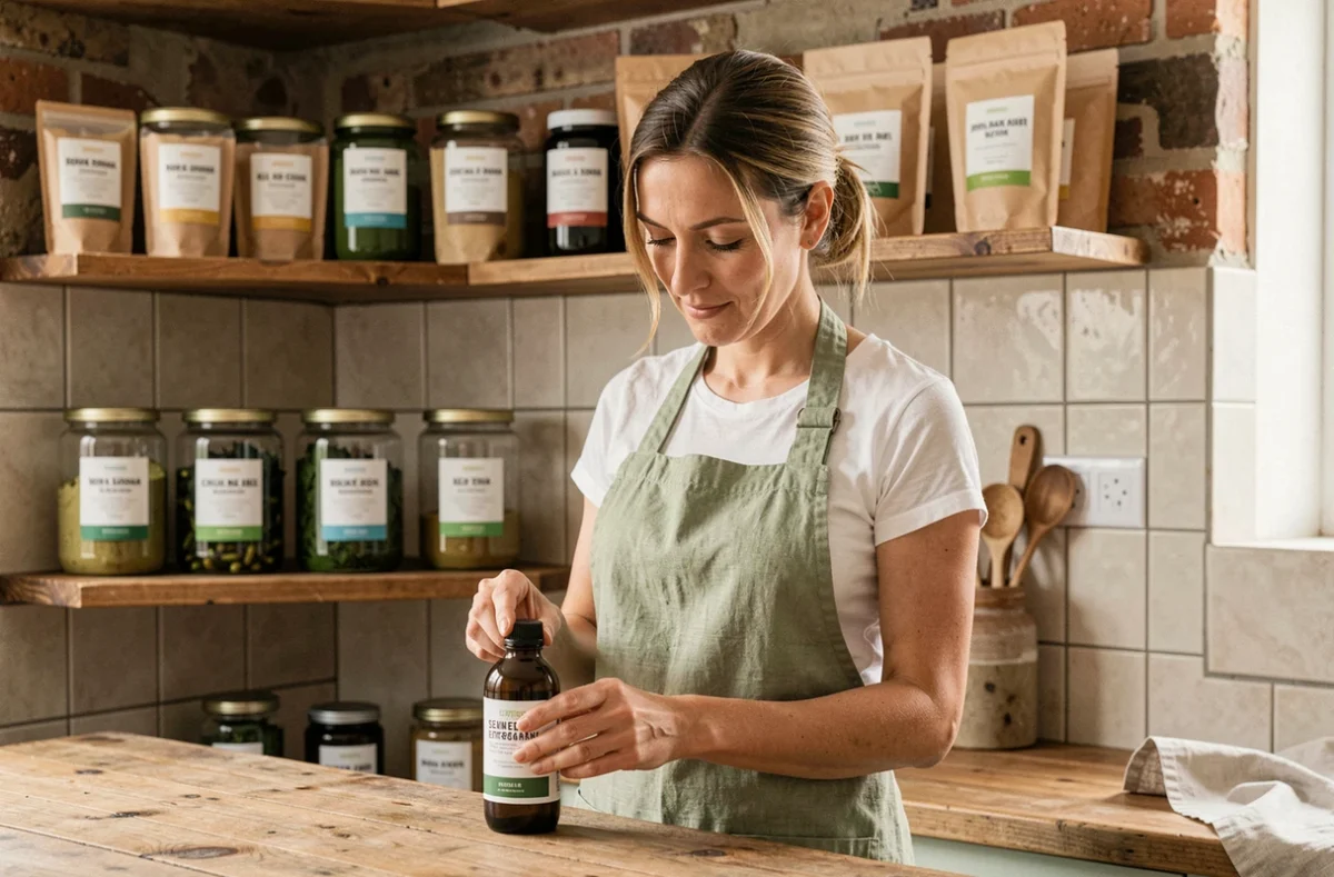 Nutritionniste examinant une bouteille d'extrait d'algues goémon dans une cuisine naturelle avec diverses poudres et compléments marins sur des étagères en bois