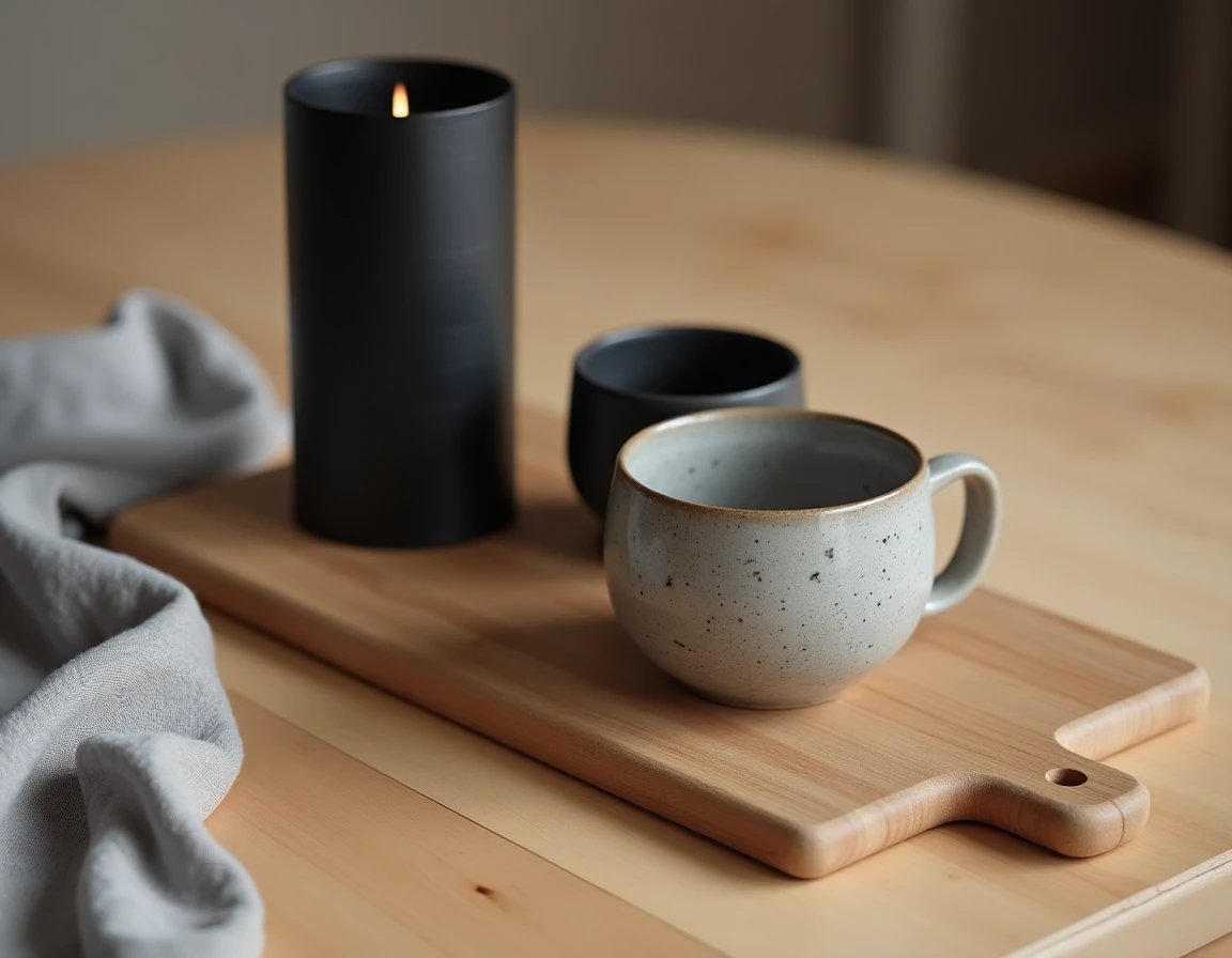 Objets artisanaux du design scandinave en céramique, bois de hêtre et fonte noire mate disposés sur une table en bouleau