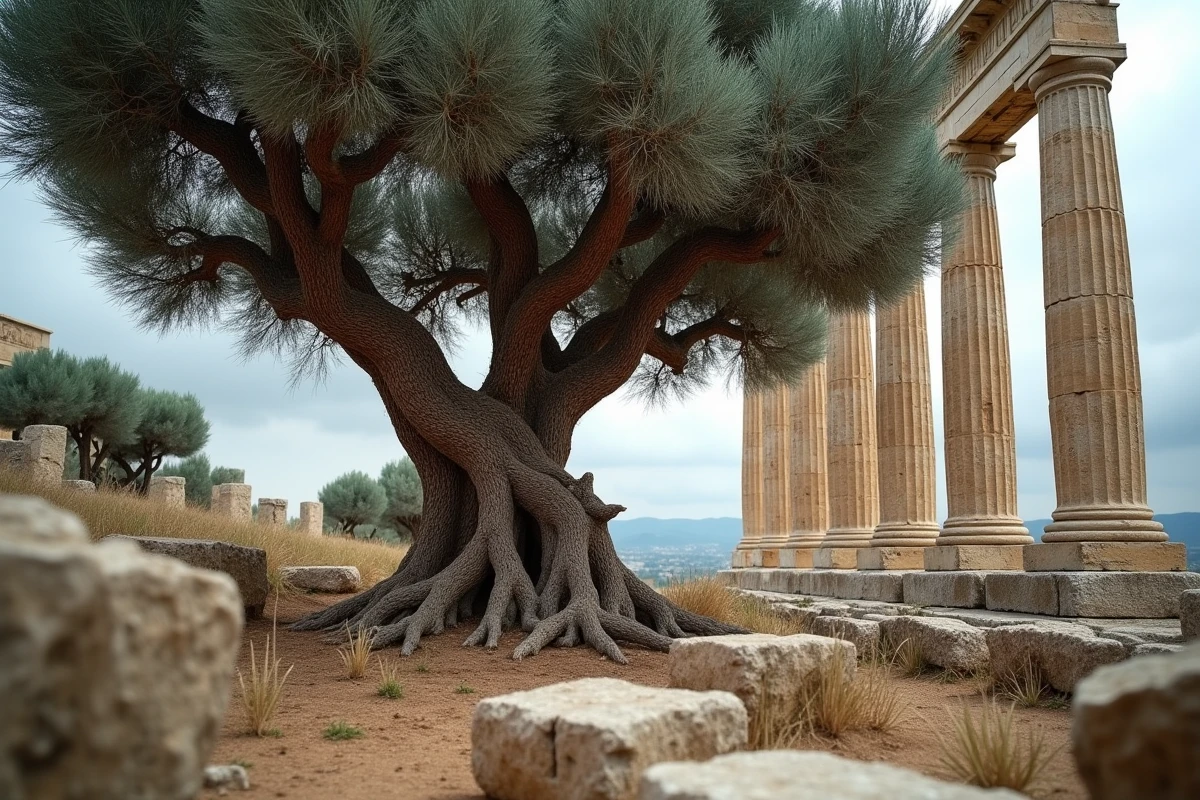 Ancien olivier noueux au milieu des ruines d'un temple grec classique sous un ciel méditerranéen