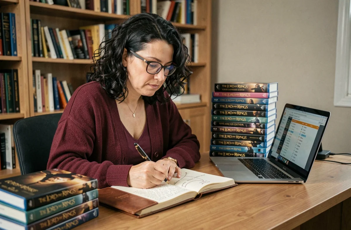 Femme organisant le marathon du Seigneur des Anneaux avec des éditions prolongées Blu-ray et un journal de planning