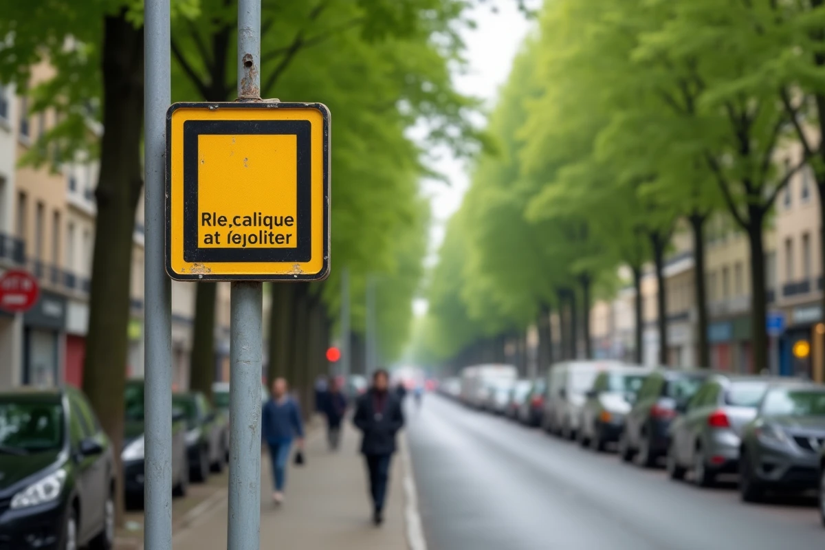 Panneau de signalisation indiquant une zone jaune en bordure d'une avenue française