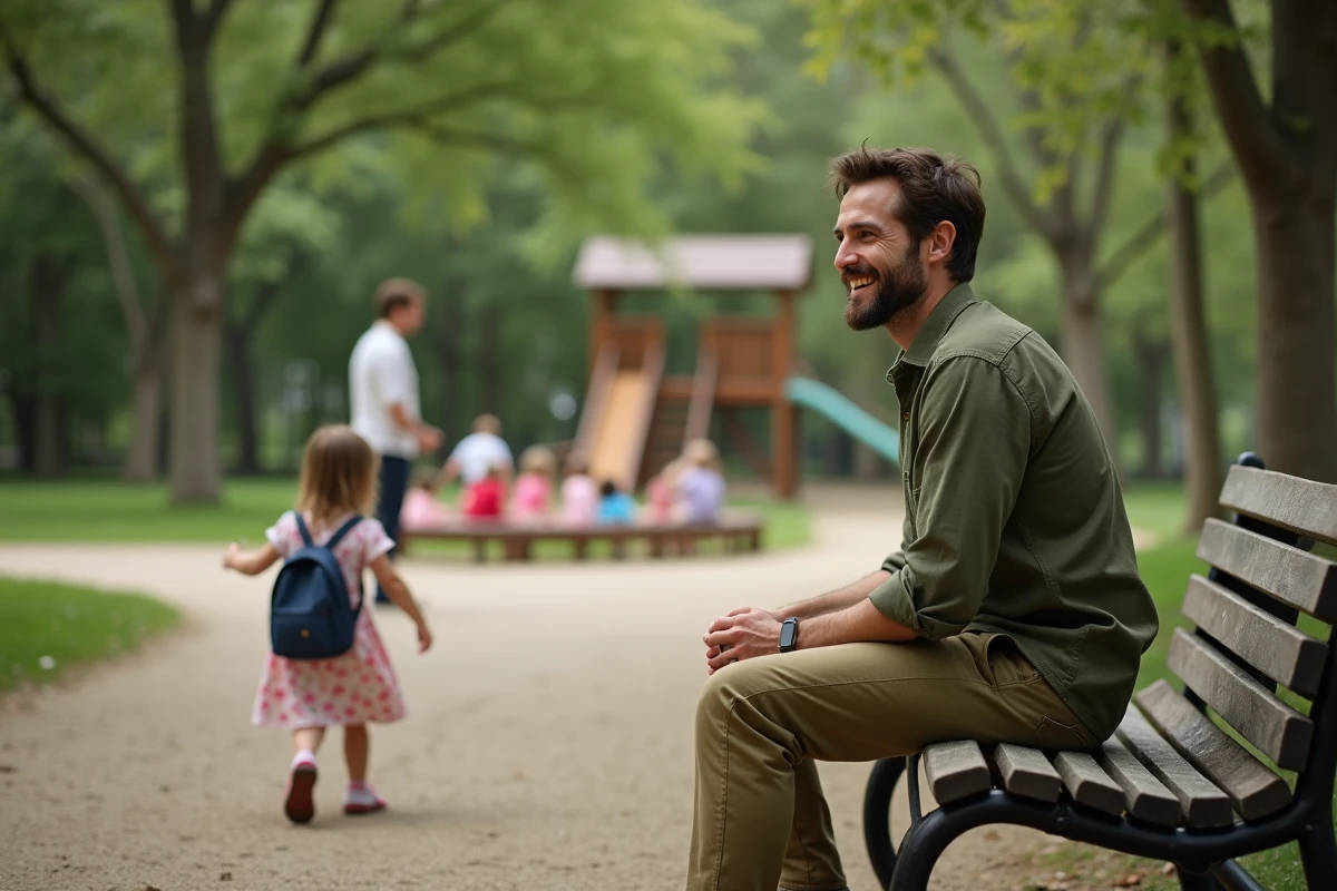 Papa regardant sa fille s'éloigner vers ses camarades au parc lors d'une première garde autonome
