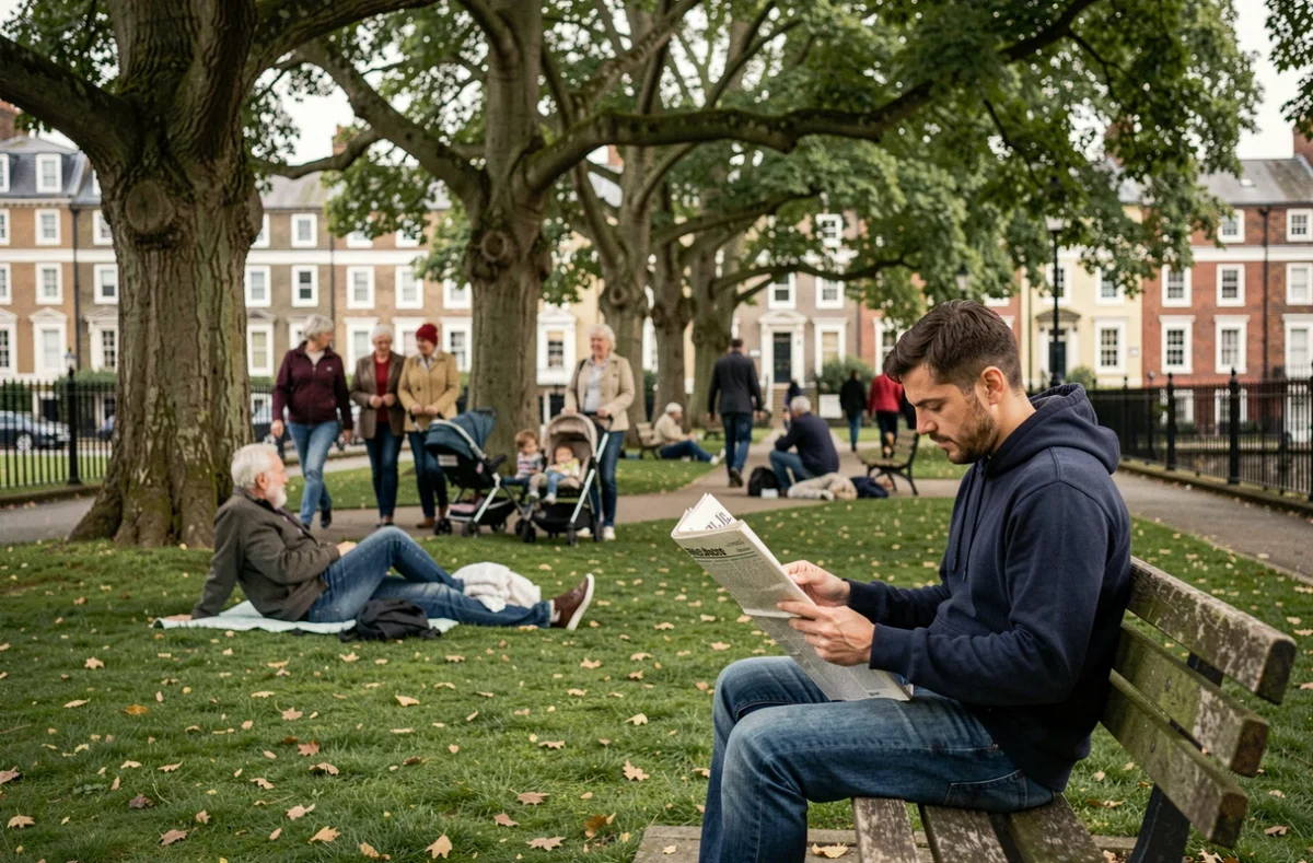 Homme lisant un journal sur un banc dans un parc de Dublin entouré d'arbres et de résidents locaux se promenant