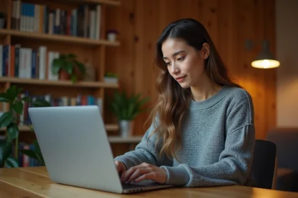 Jeune femme éditant des vidéos amateurs sur un ordinateur portable dans un bureau à domicile chaleureux