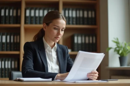 Femme professionnelle consultant la parution d'une association au Journal Officiel dans un bureau administratif moderne