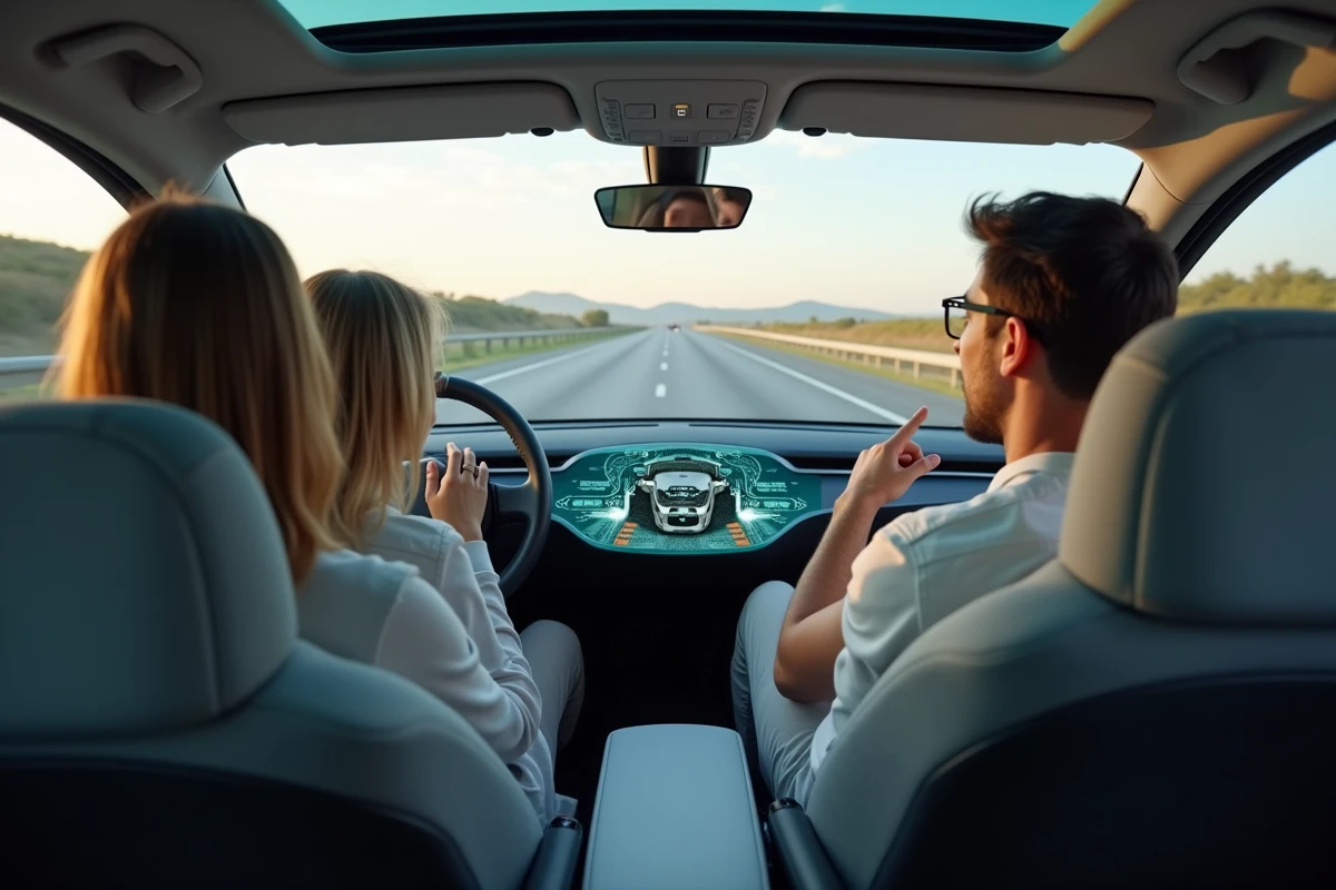 Passagers dans un véhicule autonome sans volant, illustrant la mobilité du futur et la conduite autonome