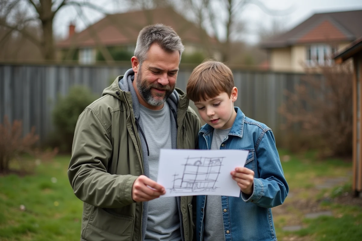 Père et fils dans le jardin examinant un plan de projet de rénovation extérieure tracé à la main