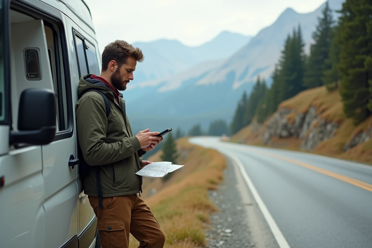Homme planifiant un itinéraire de road trip avec une application sur tablette au bord d'une route de montagne