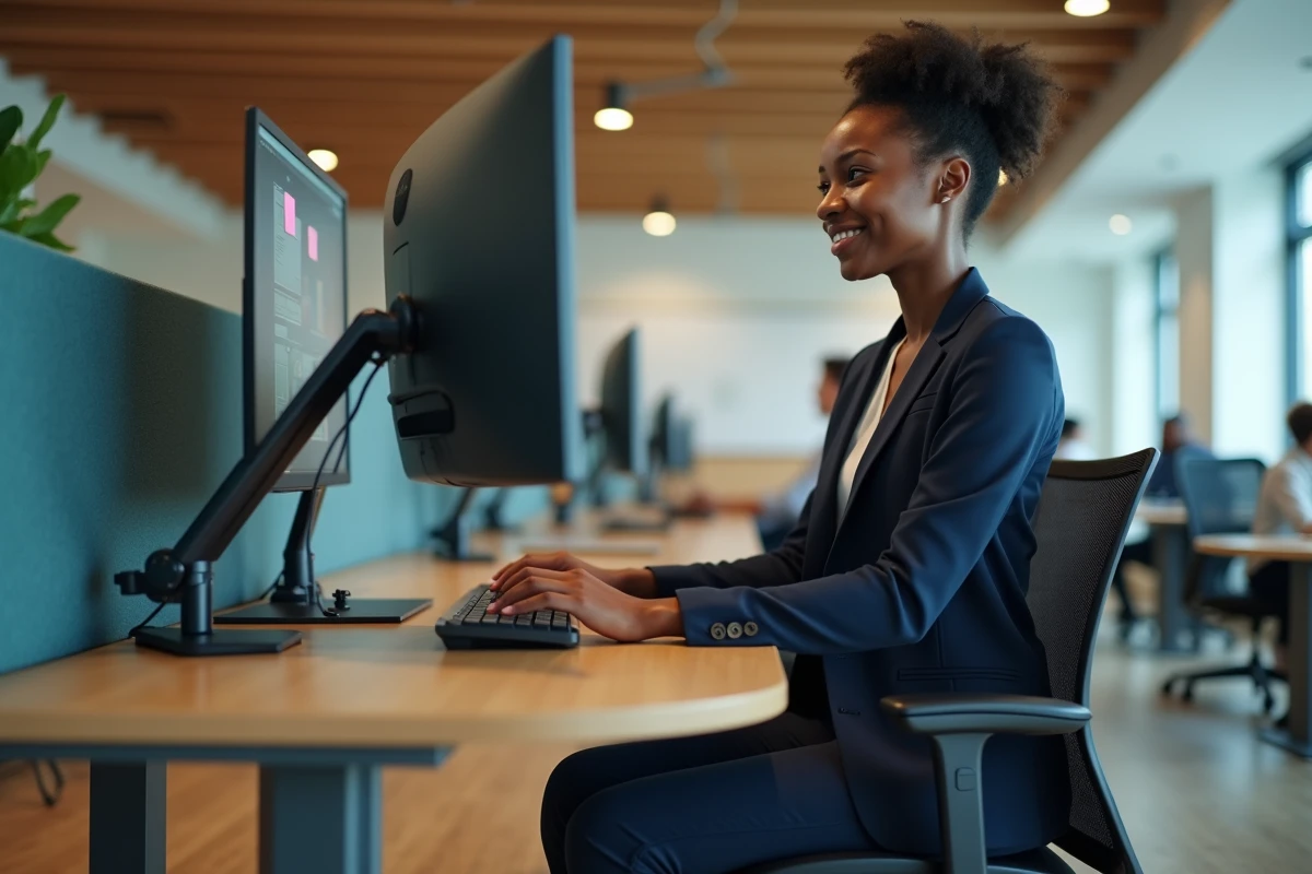 Jeune femme noire travaillant sur un poste de travail ergonomique et adapté dans un bureau inclusif moderne