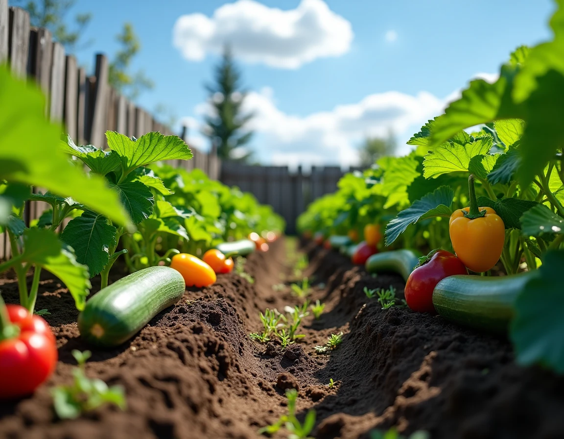 Potager organisé avec rangées de courgettes, poivrons et aubergines nécessitant beaucoup de soleil en plein été