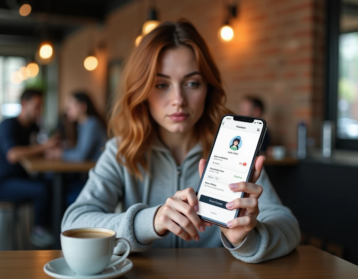 Femme comparant les offres et prix d'un VPN sur son smartphone dans un café
