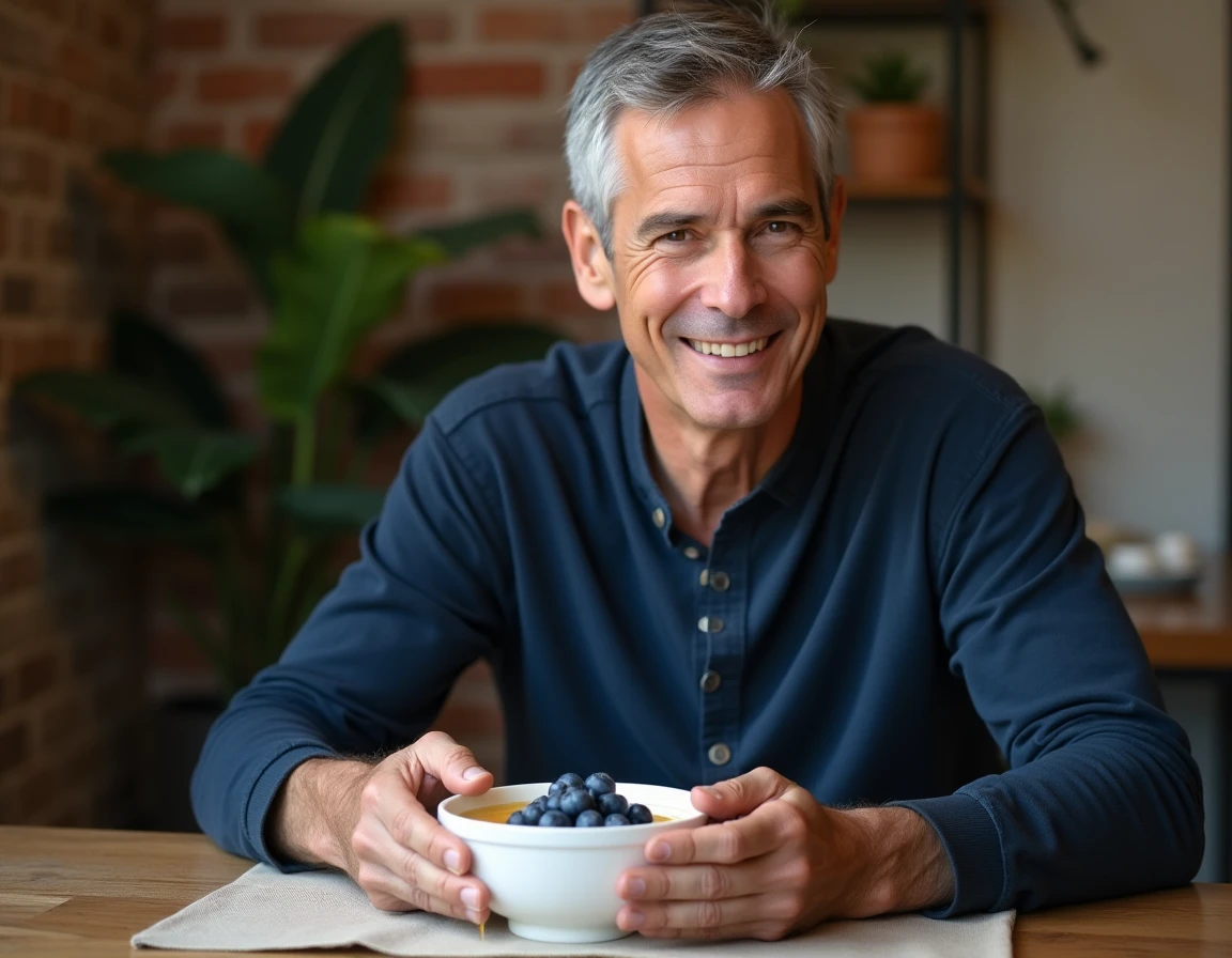 Homme consommant un bol de yaourt probiotique aux myrtilles pour équilibrer les bactéries intestinales