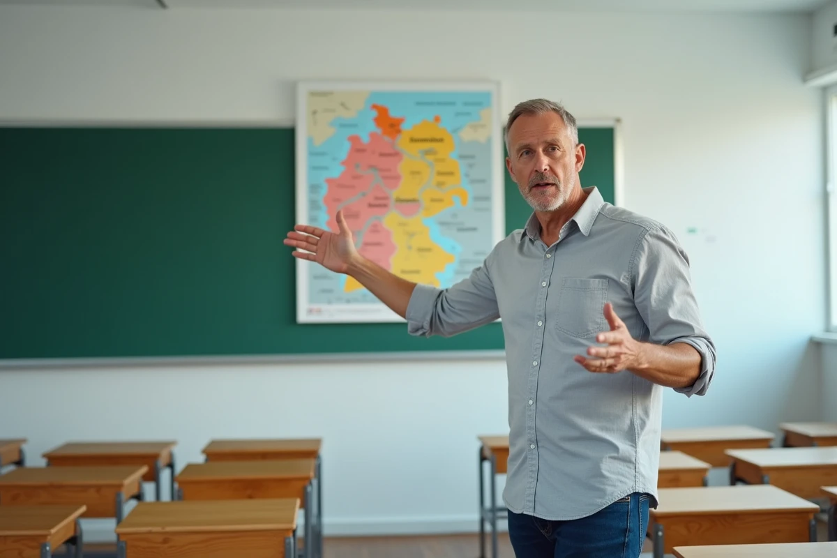 Professeur présentant une carte murale de l'Allemagne avec les Länder en français dans une salle de classe