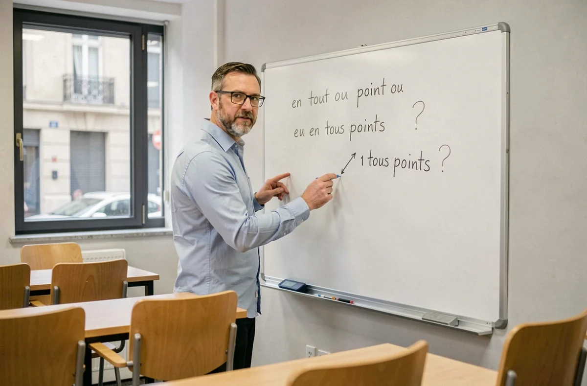 Professeur de français expliquant devant un tableau blanc la différence entre 'en tout point' et 'en tous points', une erreur grammaticale courante en langue française