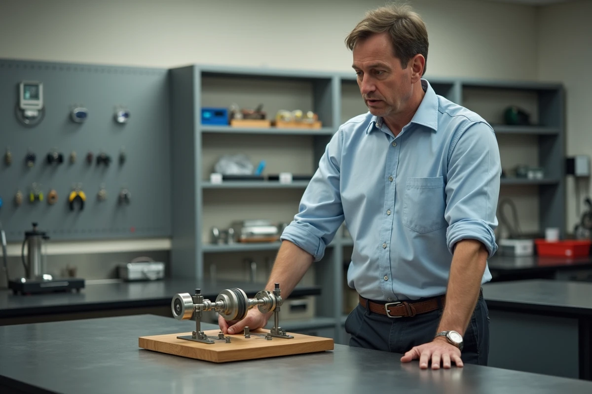 Professeur de physique expliquant la formule de force avec une expérience de mécanique en laboratoire scolaire