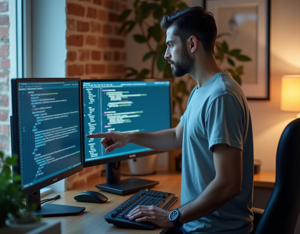 Professionnel en informatique devant un poste de travail avec interfaces de cybersécurité et développement logiciel
