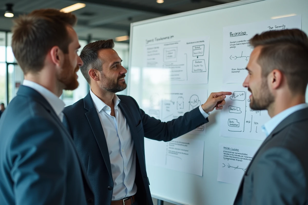 Équipe de professionnels analysant des concepts fondamentaux au tableau blanc dans un bureau moderne, comparaison des bases solides par secteur