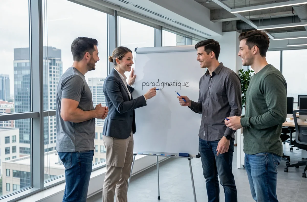 Groupe de jeunes professionnels discutant du mot paradigmatique dans un bureau moderne avec tableau blanc