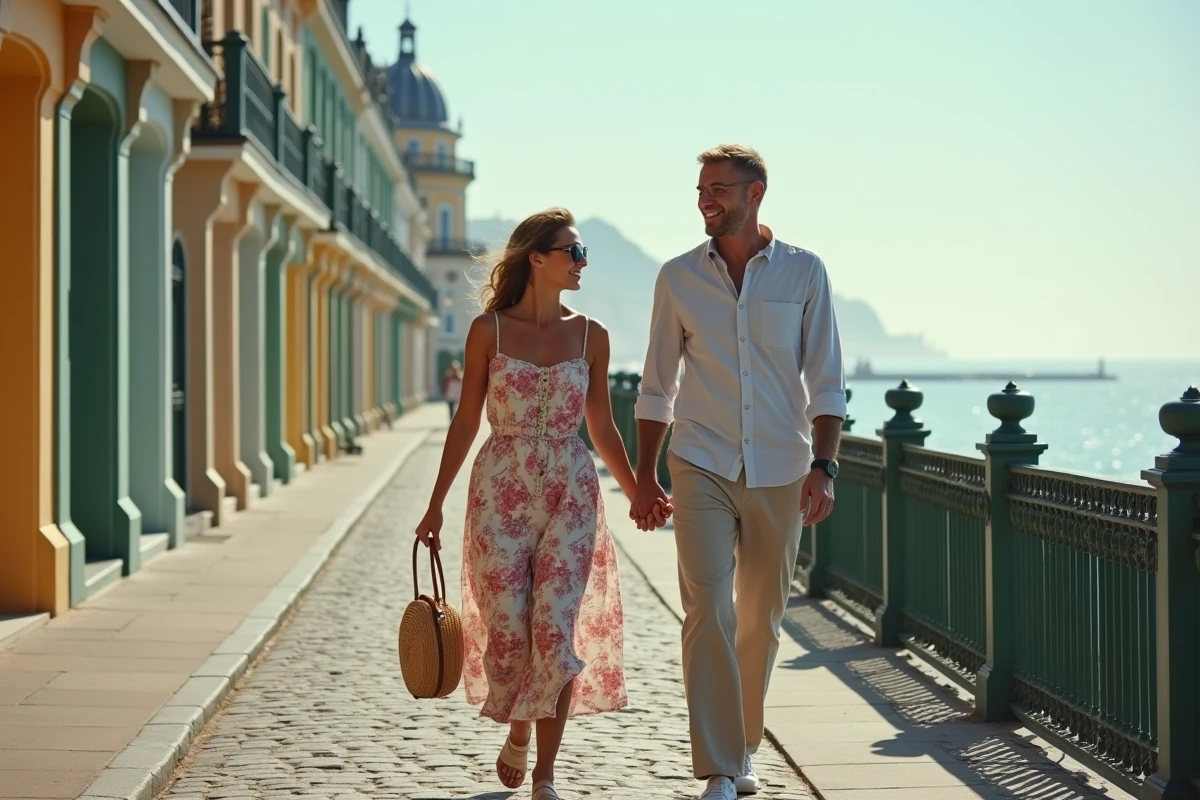 Couple se promenant sur le front de mer d'une station balnéaire normande avec architecture Belle Époque et cabines de plage colorées