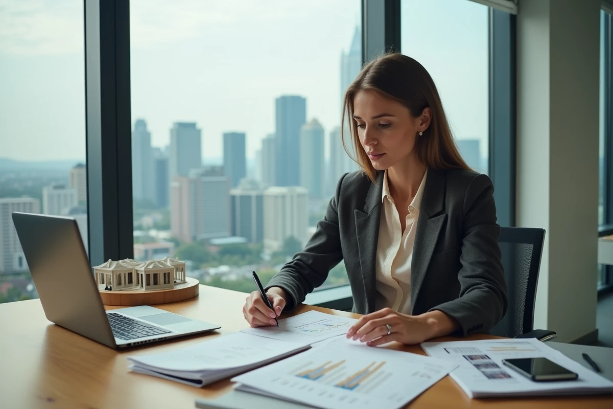 Promotrice immobilière analysant des données financières et des documents de vente dans un bureau moderne en ville