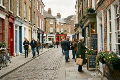 Rue animée d'un quartier résidentiel de Dublin avec maisons géorgiennes aux portes colorées et habitants se promenant sur le trottoir