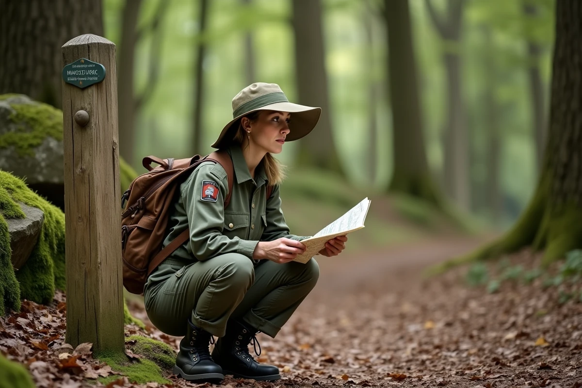 Ranger d'un parc national français lisant une carte topographique en forêt de hêtres