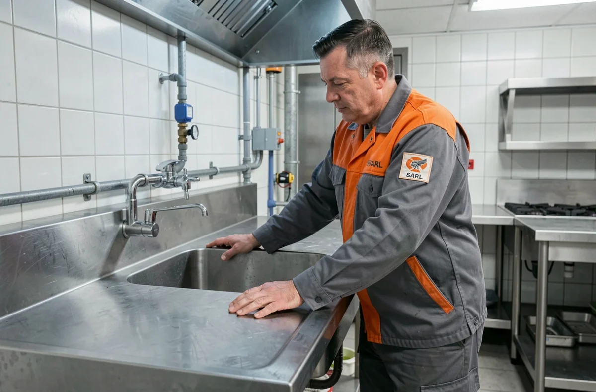 Plombier Raynier SARL inspectant une installation d'évier professionnel dans une cuisine commerciale de l'Aude