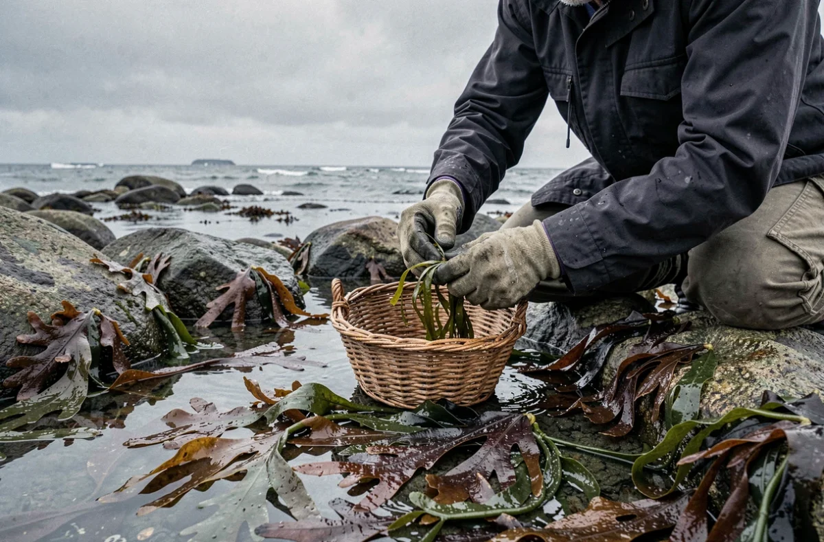 Récolte manuelle de goémon et algues marines sur des rochers granitiques bretons à marée basse, avec dulse et laminaire dans un panier en osier