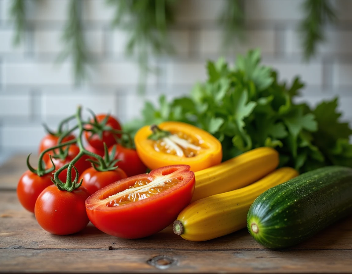 Composition de légumes récoltés nécessitant beaucoup de soleil : tomates cerises, courgette dorée, poivron rouge et concombre sur bois brut