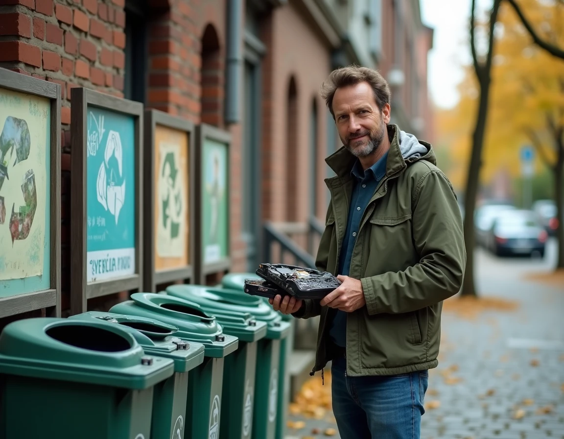 Homme déposant des appareils électroniques dans des bacs de recyclage communautaires en milieu urbain, représentant le principe des 10 R du recyclage