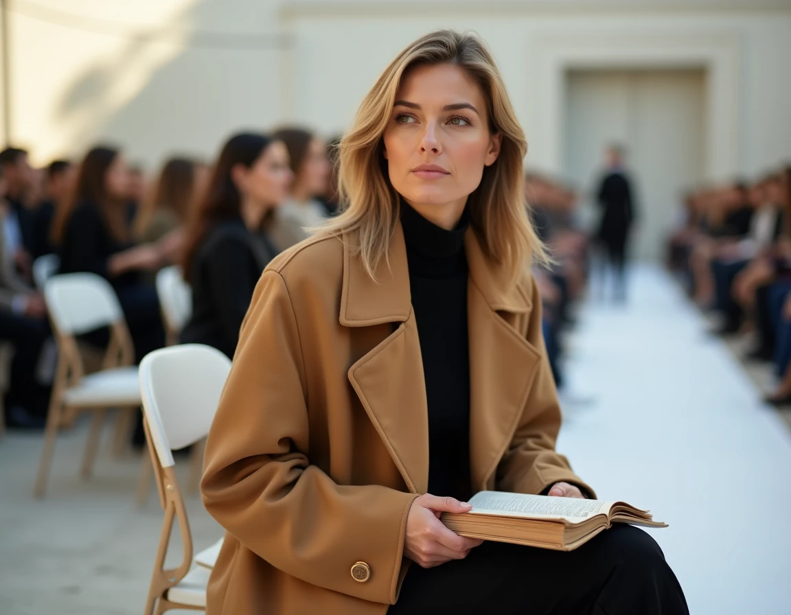 Rédactrice de mode en premier rang d'un défilé en plein air lors de la Fashion Week
