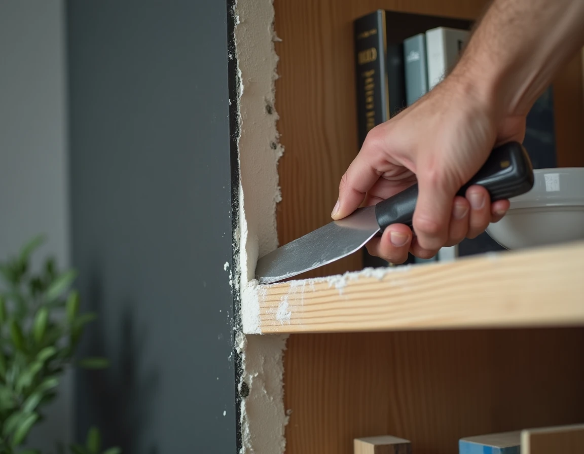 Gros plan sur le comblement d'un espace entre une bibliothèque en bois et un mur avec un enduit flexible et une spatule