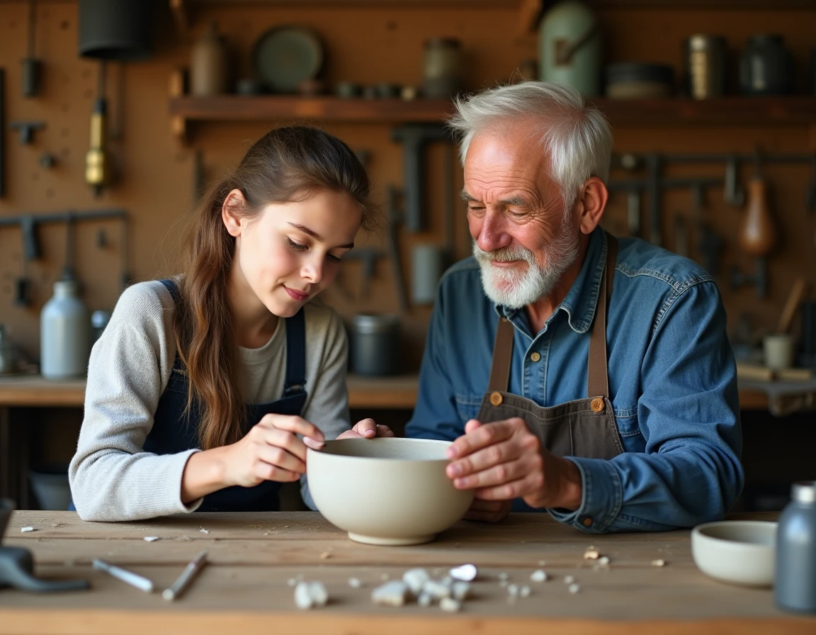 Grand-père et petite-fille réparant ensemble un objet cassé dans un atelier artisanal, symbolisant le principe de réemploi et de réparation dans les 10 R du recyclage