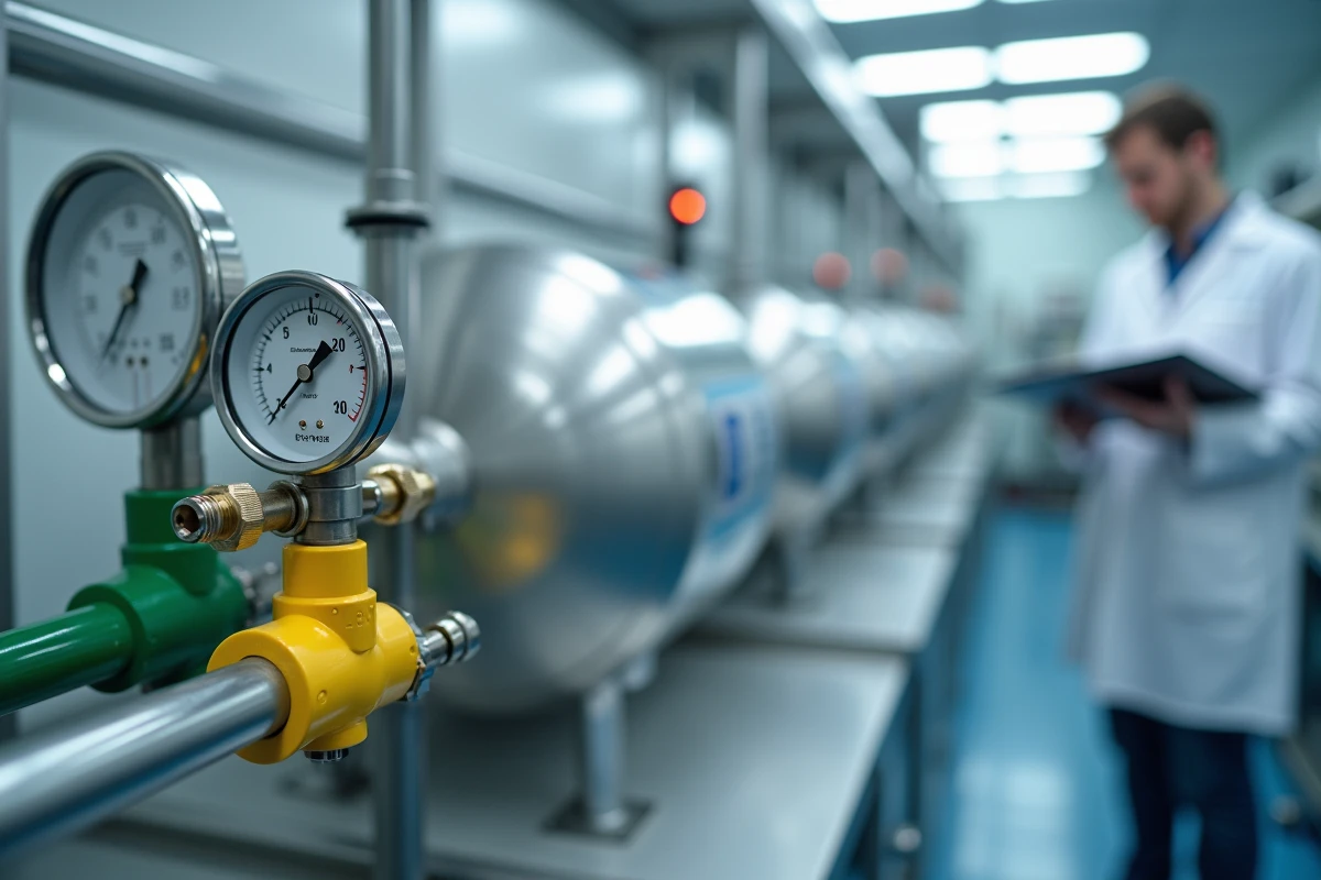 Réservoir d'hydrogène sous haute pression avec jauges et soupapes de sécurité dans un laboratoire scientifique moderne