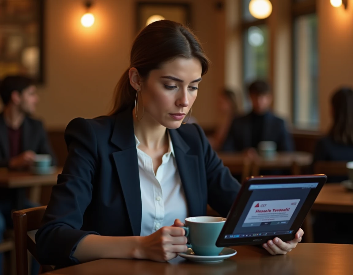 Femme dans un café regardant un avertissement de restriction géographique sur sa tablette lors de l'utilisation d'un VPN