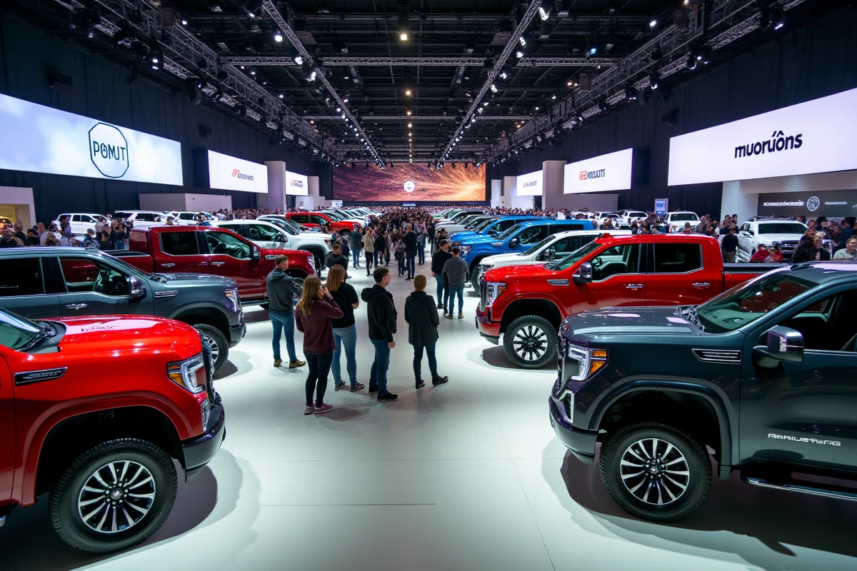Salon automobile américain animé avec visiteurs découvrant pick-ups et véhicules électriques en exposition