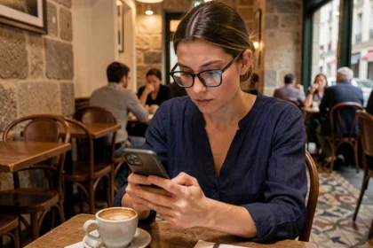Femme vérifiant son profil sur une application de sorties sociales dans un café bordelais, vigilante face aux faux profils